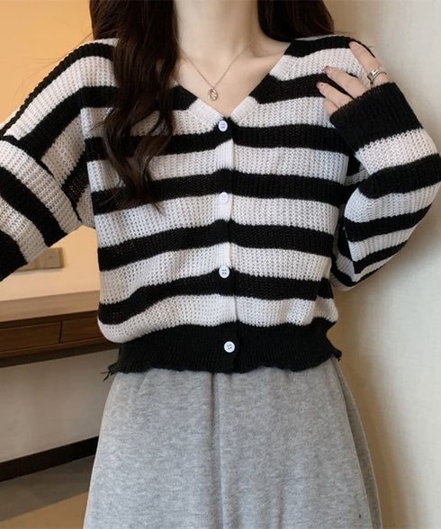 ワイドボーダー編みニットカーディガン